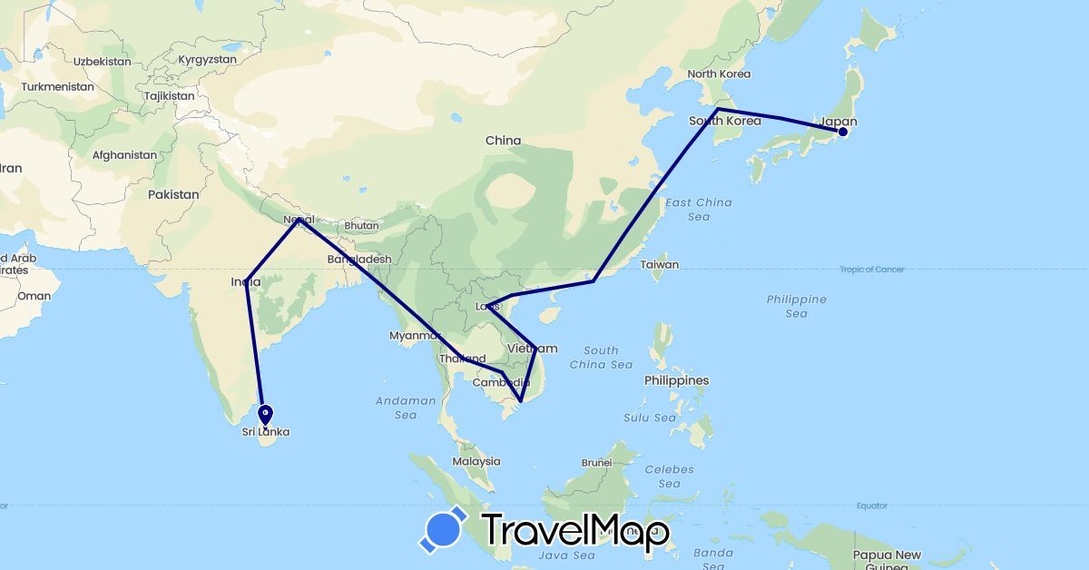 TravelMap itinerary: driving in China, India, Japan, Cambodia, South Korea, Laos, Sri Lanka, Nepal, Thailand, Vietnam (Asia)